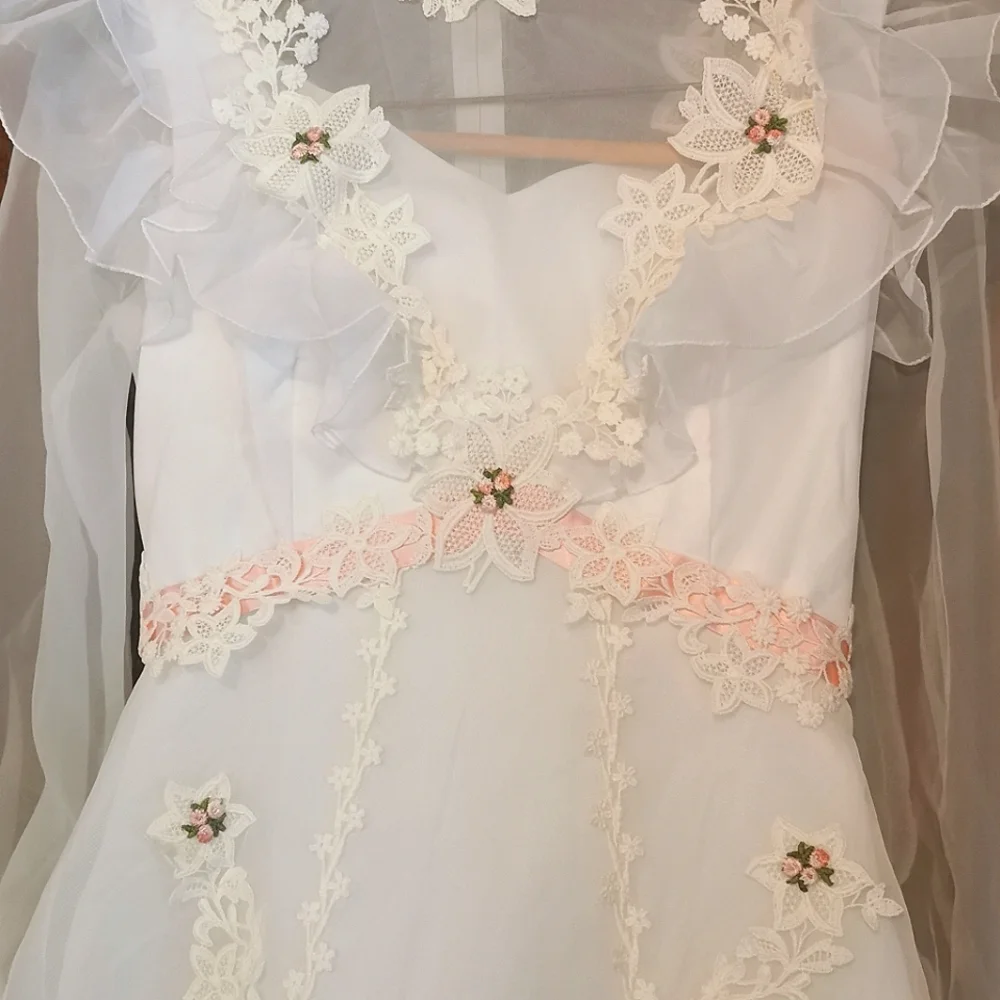 Vintage 60s Wedding Dress Long Veil Train Ruffles Floral Lace Barbie Pink 1960 - Picture 8 of 16